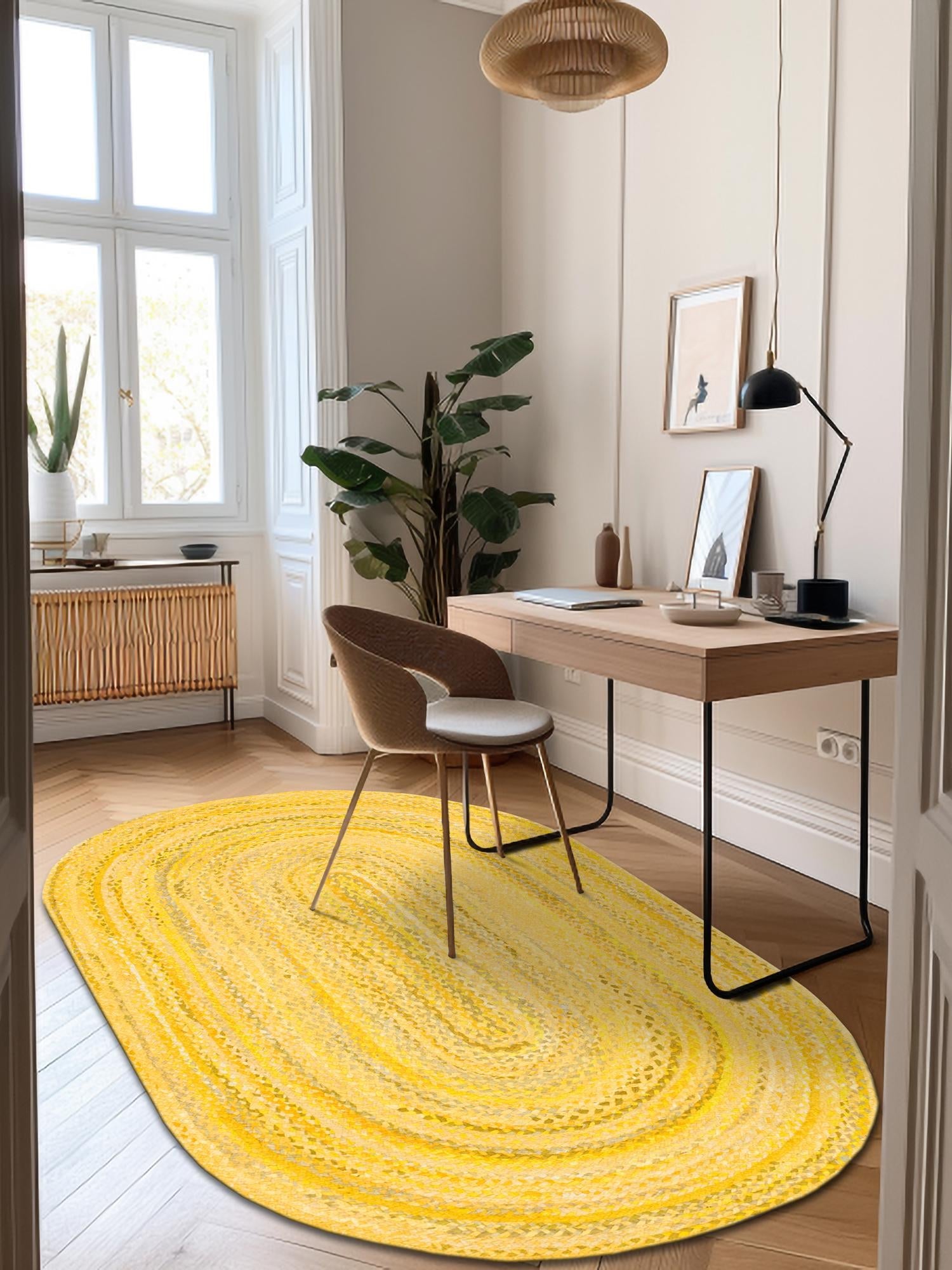 Yellow Orange 5' 1 x 8' Braided Chindi Oval Area Rug 100% Cotton Hand Braided Natural Eco-Friendly Boho Style Modern Carpet for Living Rooms Dining Office Dorm for Sale at Rug Engine