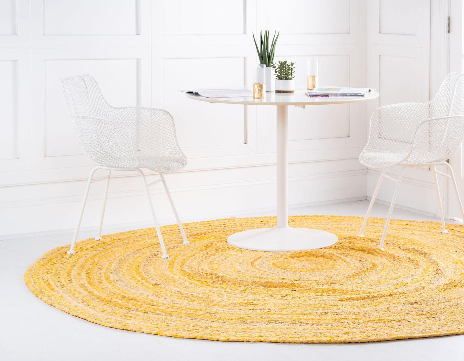 Yellow Orange 8' x 8' Braided Chindi Round Area Rug 100% Cotton Hand Braided Natural Eco-Friendly Boho Style Modern Carpet for Living Rooms Dining Office Dorm for Sale at Rug Engine