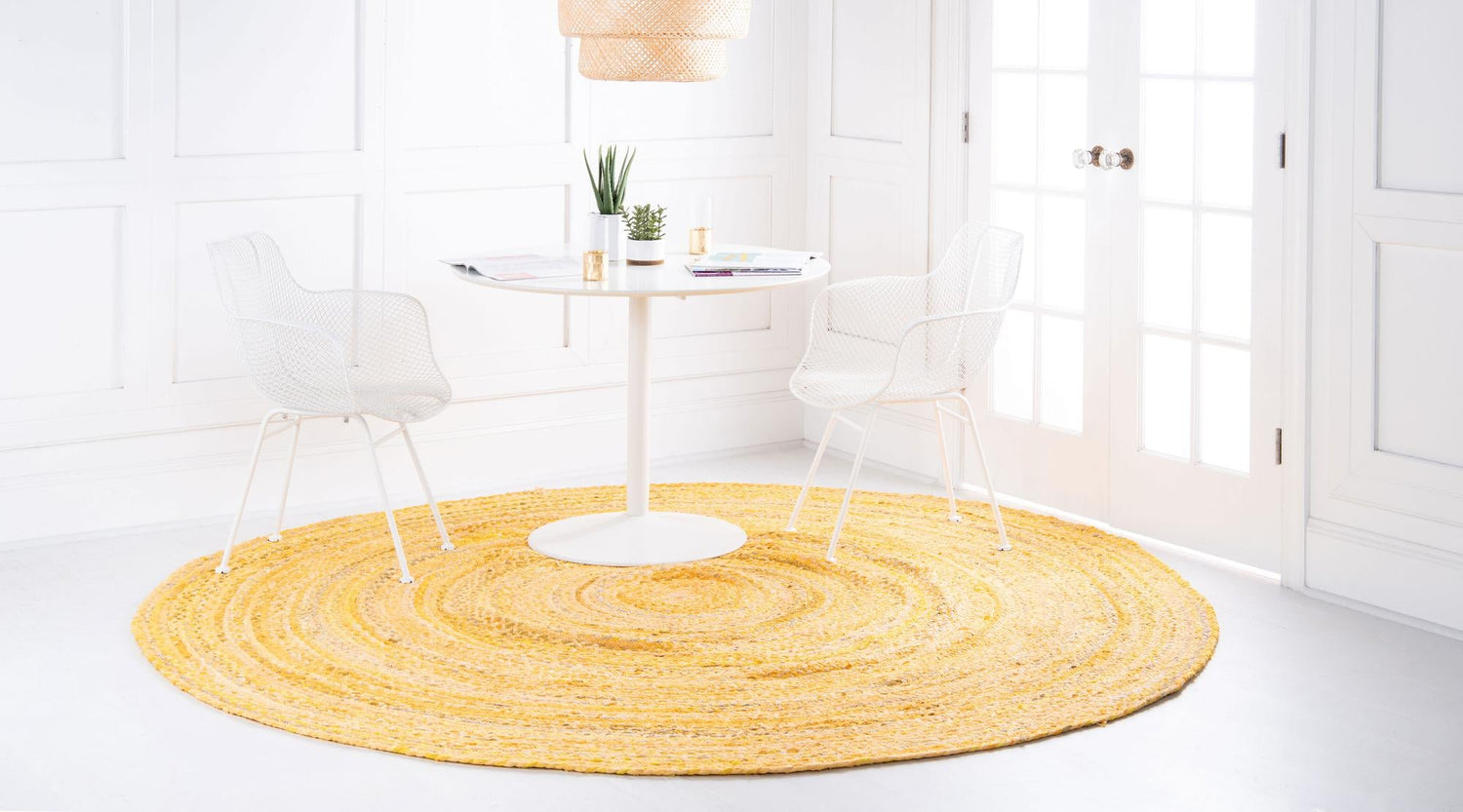 Yellow Orange 8' x 8' Braided Chindi Round Area Rug 100% Cotton Hand Braided Natural Eco-Friendly Boho Style Modern Carpet for Living Rooms Dining Office Dorm for Sale at Rug Engine