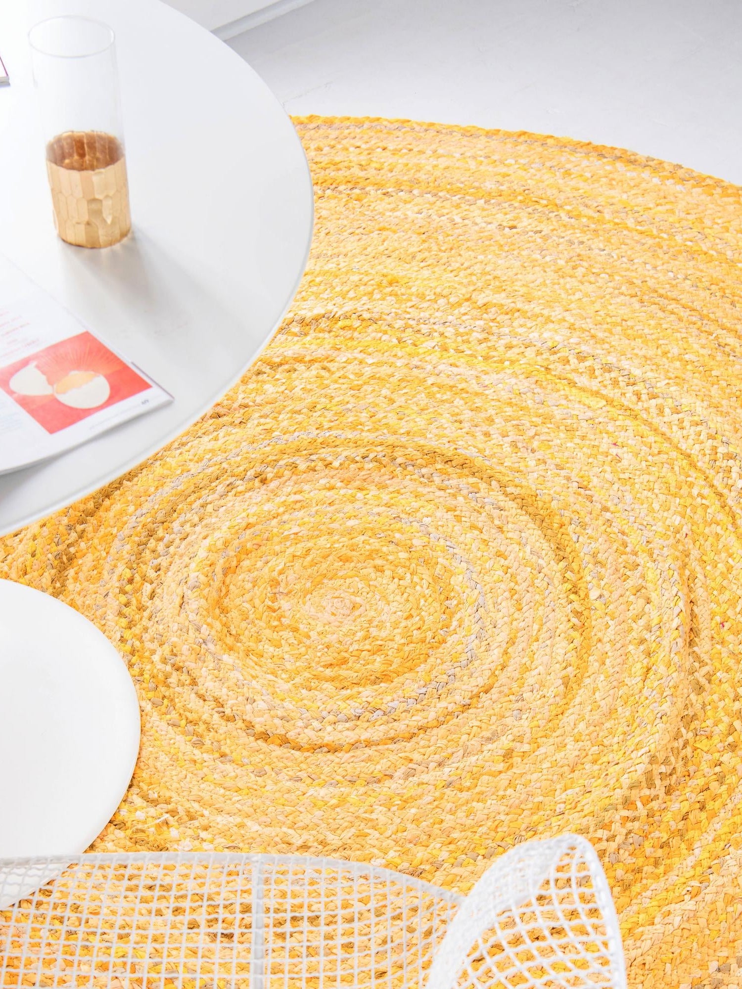Yellow Orange 8' x 8' Braided Chindi Round Area Rug 100% Cotton Hand Braided Natural Eco-Friendly Boho Style Modern Carpet for Living Rooms Dining Office Dorm for Sale at Rug Engine