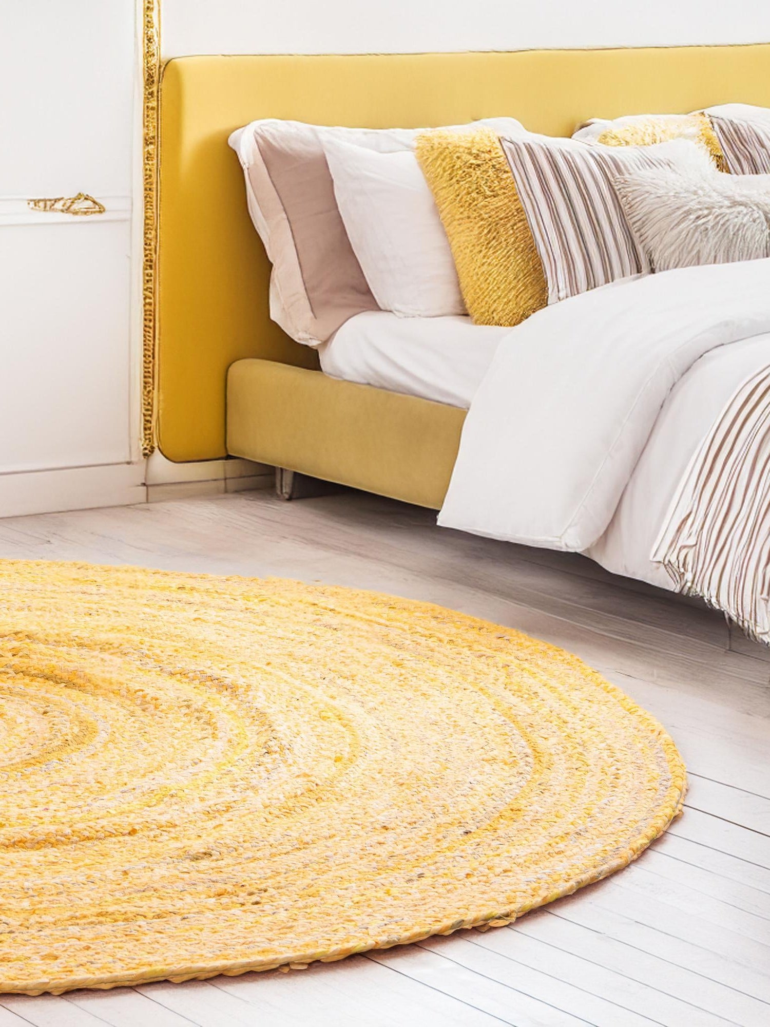 Yellow Orange 8' x 8' Braided Chindi Round Area Rug 100% Cotton Hand Braided Natural Eco-Friendly Boho Style Modern Carpet for Living Rooms Dining Office Dorm for Sale at Rug Engine