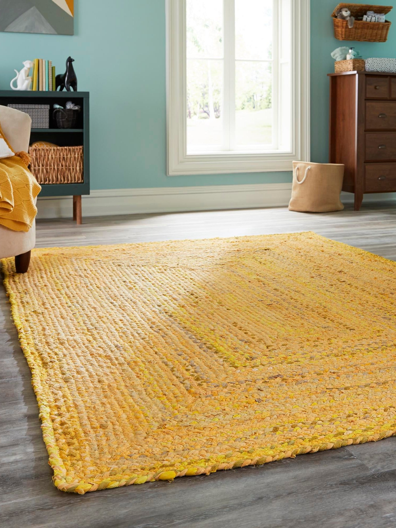 Yellow Orange 6' 1 x 9' Braided Chindi Rectangle Area Rug 100% Cotton Hand Braided Natural Eco-Friendly Boho Style Modern Carpet for Living Rooms Dining Office Dorm for Sale at Rug Engine