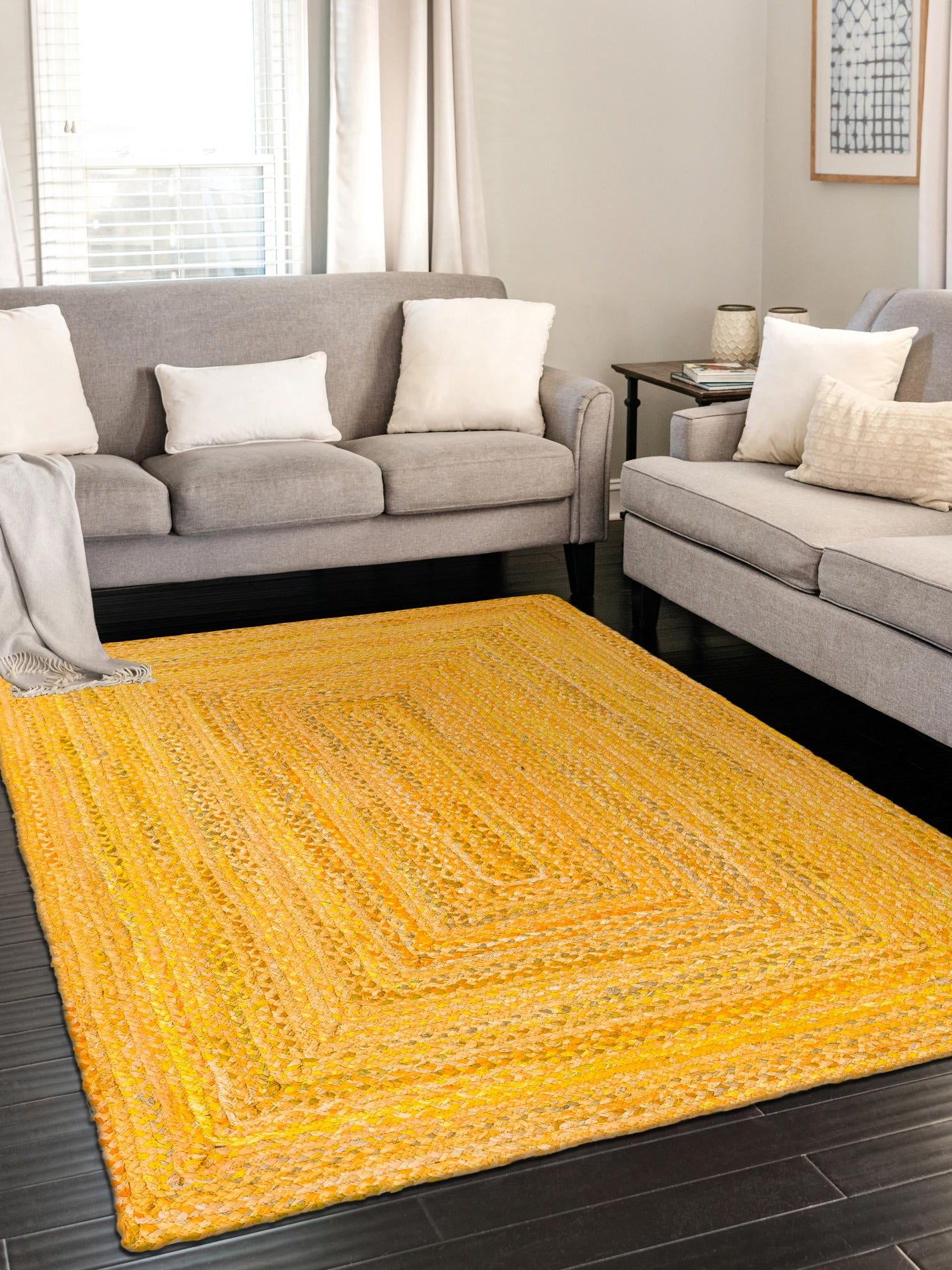 Yellow Orange 6' 1 x 9' Braided Chindi Rectangle Area Rug 100% Cotton Hand Braided Natural Eco-Friendly Boho Style Modern Carpet for Living Rooms Dining Office Dorm for Sale at Rug Engine