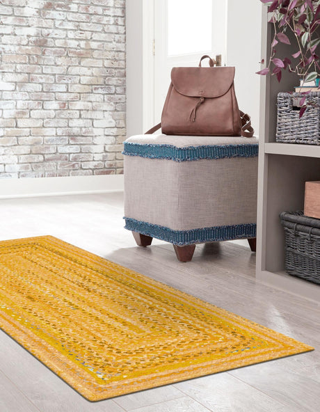 Yellow Orange 2' 7 x 6' 1 Braided Chindi Runner Area Rug 100% Cotton Hand Braided Natural Eco-Friendly Boho Style Modern Carpet for Living Rooms Dining Office Dorm for Sale at Rug Engine