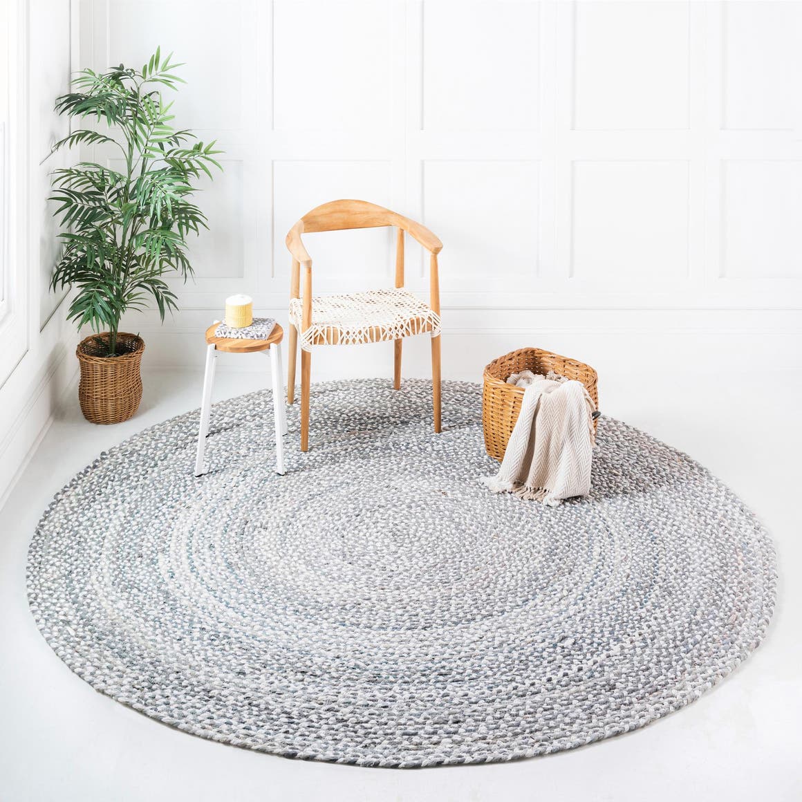 Gray 8' x 8' Braided Chindi Round Area Rug 100% Cotton Hand Braided Natural Eco-Friendly Boho Style Modern Carpet for Living Rooms Dining Office Dorm for Sale at Rug Engine