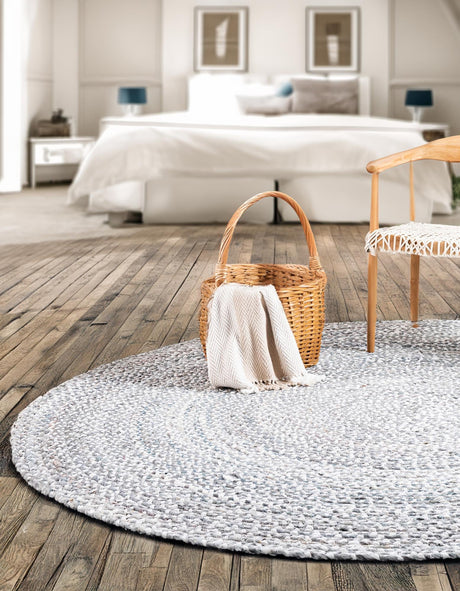 Gray 8' x 8' Braided Chindi Round Area Rug 100% Cotton Hand Braided Natural Eco-Friendly Boho Style Modern Carpet for Living Rooms Dining Office Dorm for Sale at Rug Engine