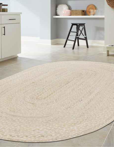 Ivory 3' 3 x 5' 1 Braided Chindi Oval Area Rug 100% Cotton Hand Braided Natural Eco-Friendly Boho Style Modern Carpet for Living Rooms Dining Office Dorm for Sale at Rug Engine