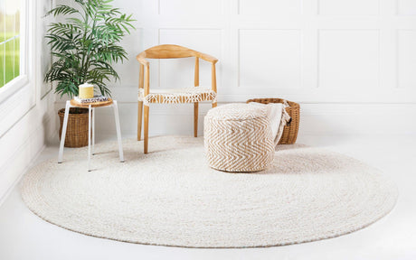 Ivory 8' x 8' Braided Chindi Round Area Rug 100% Cotton Hand Braided Natural Eco-Friendly Boho Style Modern Carpet for Living Rooms Dining Office Dorm for Sale at Rug Engine
