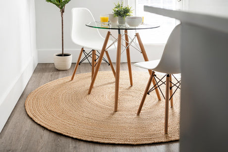 Natural 6' 1 x 6' 1 Braided Jute Round Area Rug 100% Jute Hand Braided Natural Eco-Friendly Boho Style Carpet for Living Rooms Dining Office Space Dorms for Sale at Rug Engine