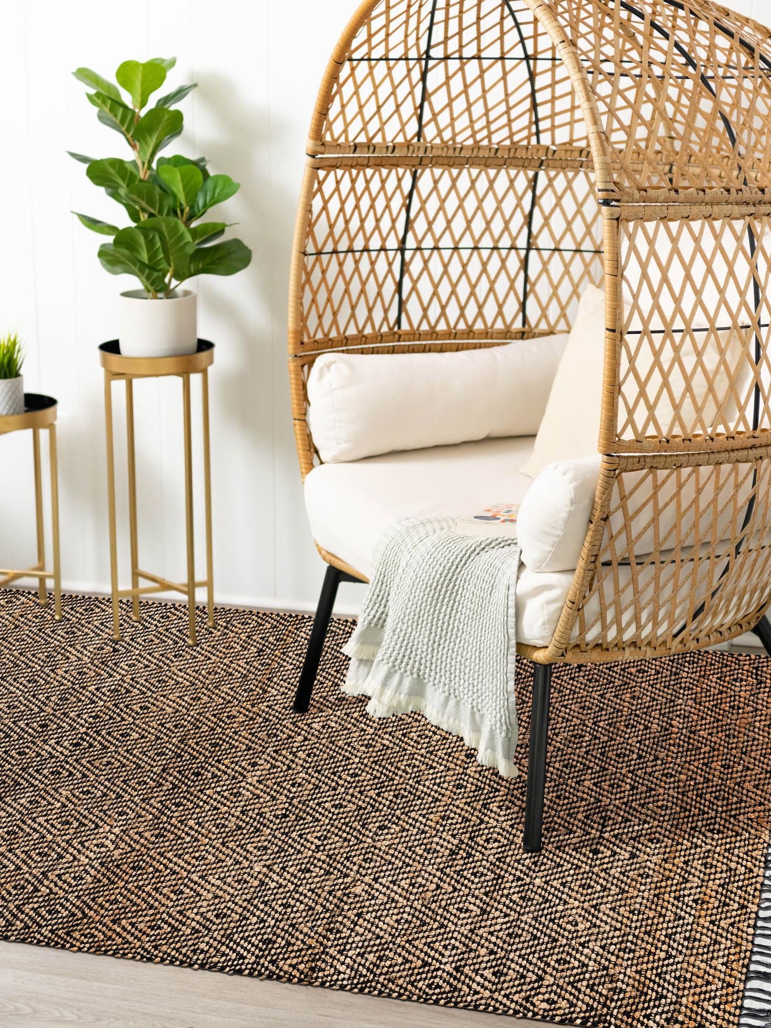 Black 6' 1 x 9' Braided Jute Rectangle Area Rug 100% Jute Hand Braided Natural Eco-Friendly Boho Style Carpet for Living Rooms Dining Office Space Dorms for Sale at Rug Engine