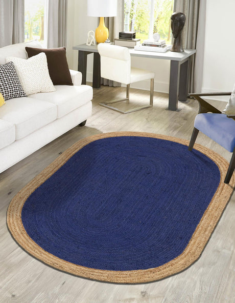 Navy Blue 3' 3 x 5' 1 Braided Jute Oval Area Rug 100% Jute Hand Braided Natural Eco-Friendly Boho Style Carpet for Living Rooms Dining Office Space Dorms for Sale at Rug Engine