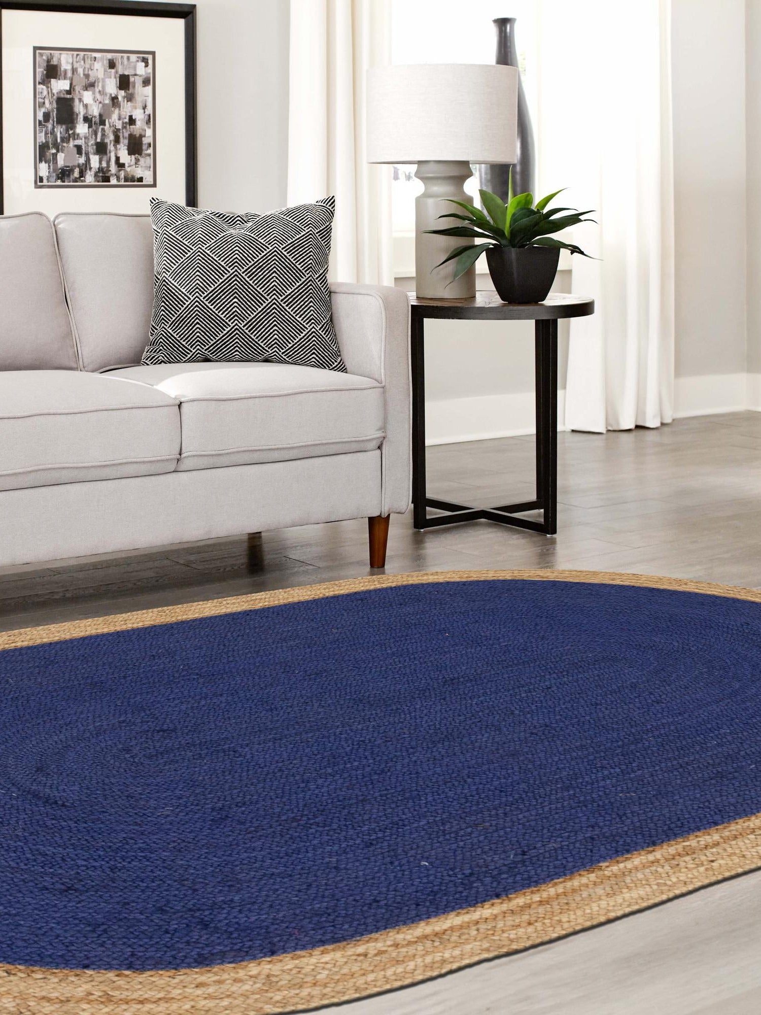 Navy Blue 5' 1 x 8' Braided Jute Oval Area Rug 100% Jute Hand Braided Natural Eco-Friendly Boho Style Carpet for Living Rooms Dining Office Space Dorms for Sale at Rug Engine
