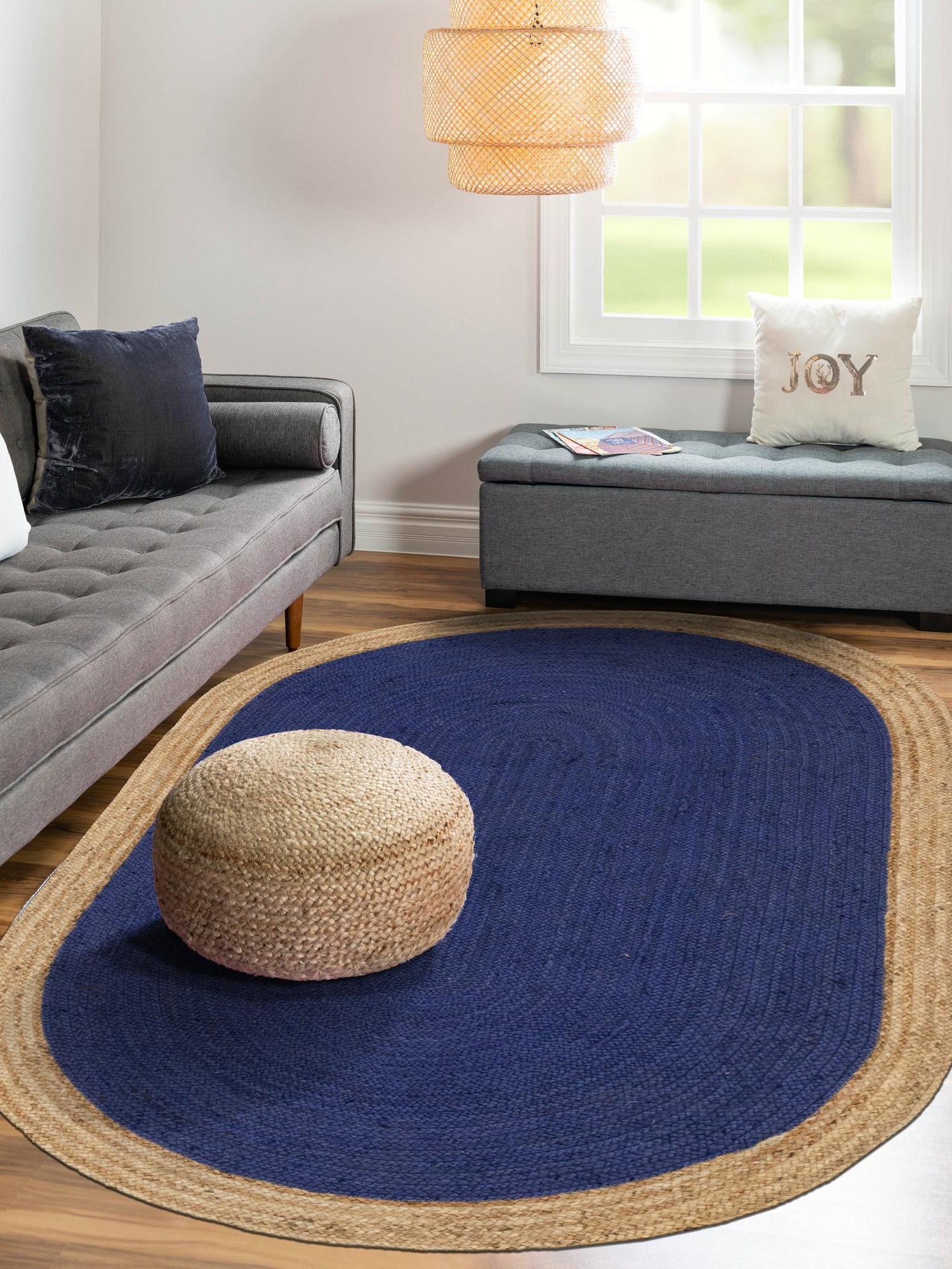 Navy Blue 8' x 10' Braided Jute Oval Area Rug 100% Jute Hand Braided Natural Eco-Friendly Boho Style Carpet for Living Rooms Dining Office Space Dorms for Sale at Rug Engine