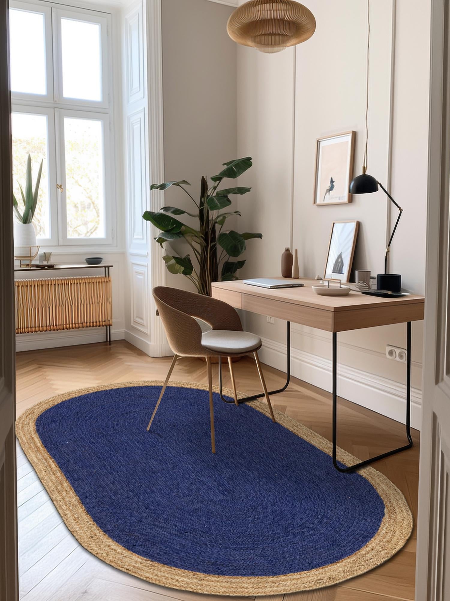 Navy Blue 5' 1 x 8' Braided Jute Oval Area Rug 100% Jute Hand Braided Natural Eco-Friendly Boho Style Carpet for Living Rooms Dining Office Space Dorms for Sale at Rug Engine