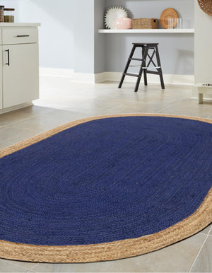 Navy Blue 3' 3 x 5' 1 Braided Jute Oval Rug