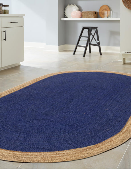 Navy Blue 8' x 10' Braided Jute Oval Area Rug 100% Jute Hand Braided Natural Eco-Friendly Boho Style Carpet for Living Rooms Dining Office Space Dorms for Sale at Rug Engine