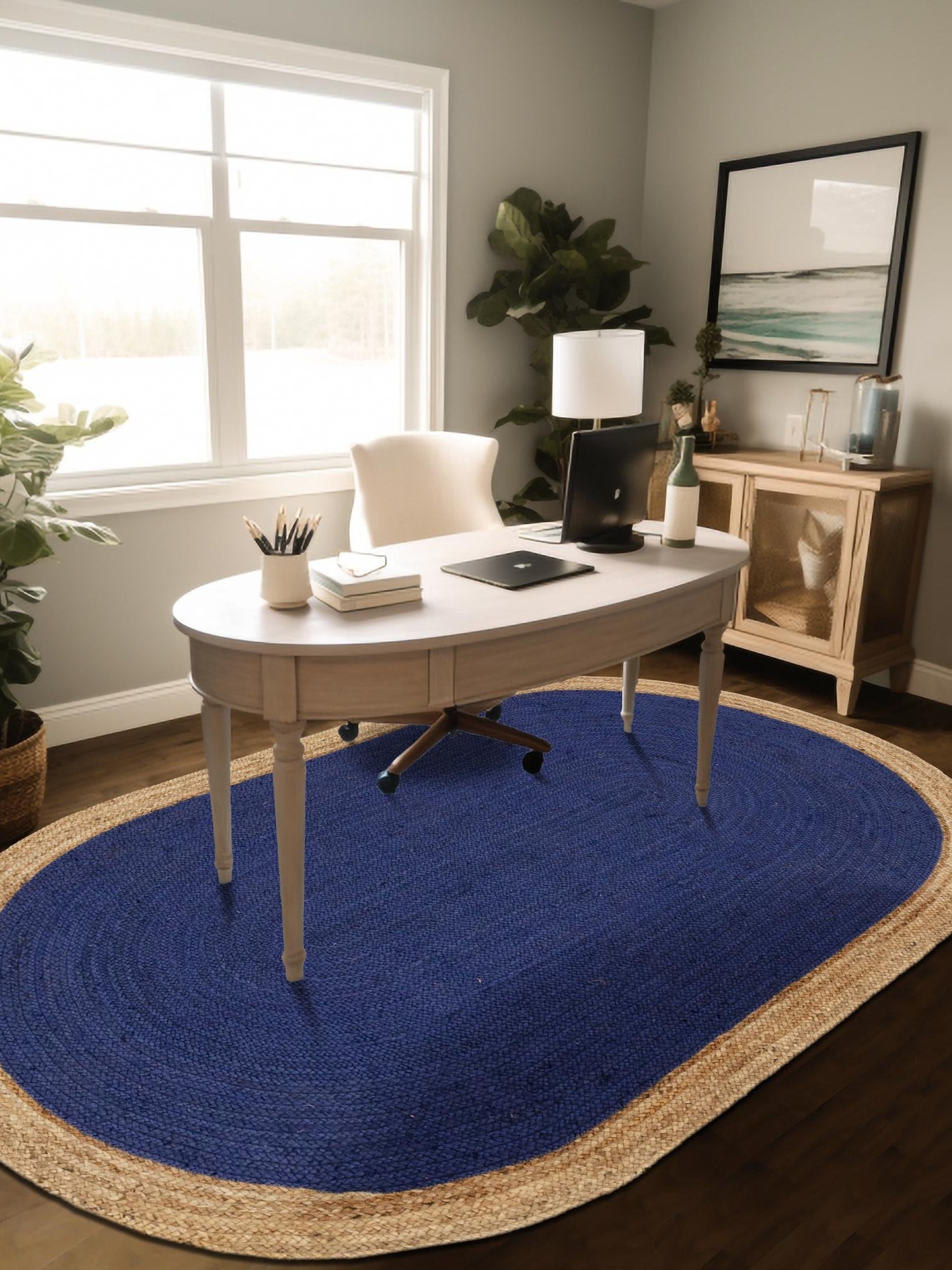 Navy Blue 3' 3 x 5' 1 Braided Jute Oval Area Rug 100% Jute Hand Braided Natural Eco-Friendly Boho Style Carpet for Living Rooms Dining Office Space Dorms for Sale at Rug Engine