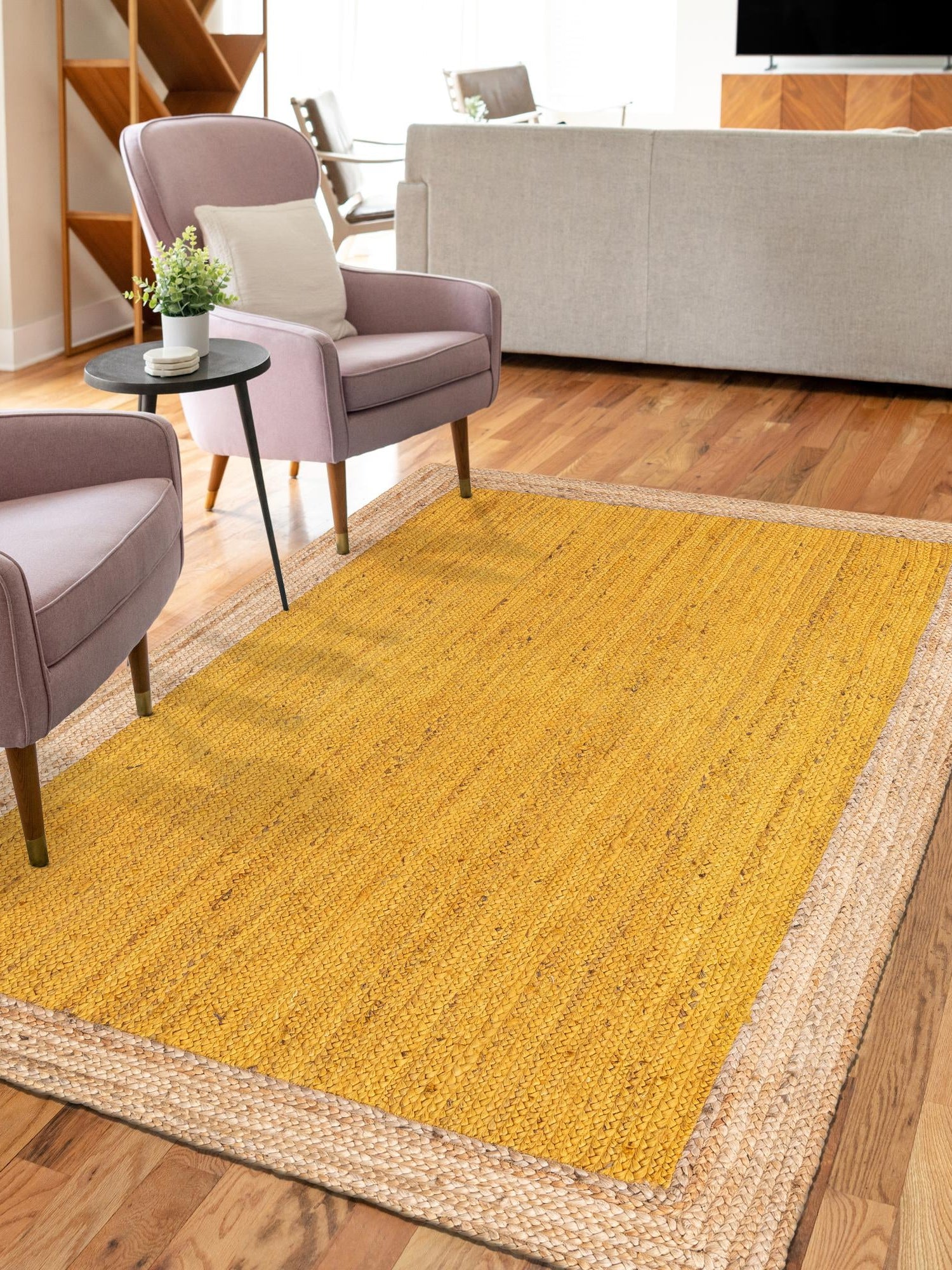 Yellow 5' 1 x 8' Braided Jute Rectangle Area Rug 100% Jute Hand Braided Natural Eco-Friendly Boho Style Carpet for Living Rooms Dining Office Space Dorms for Sale at Rug Engine