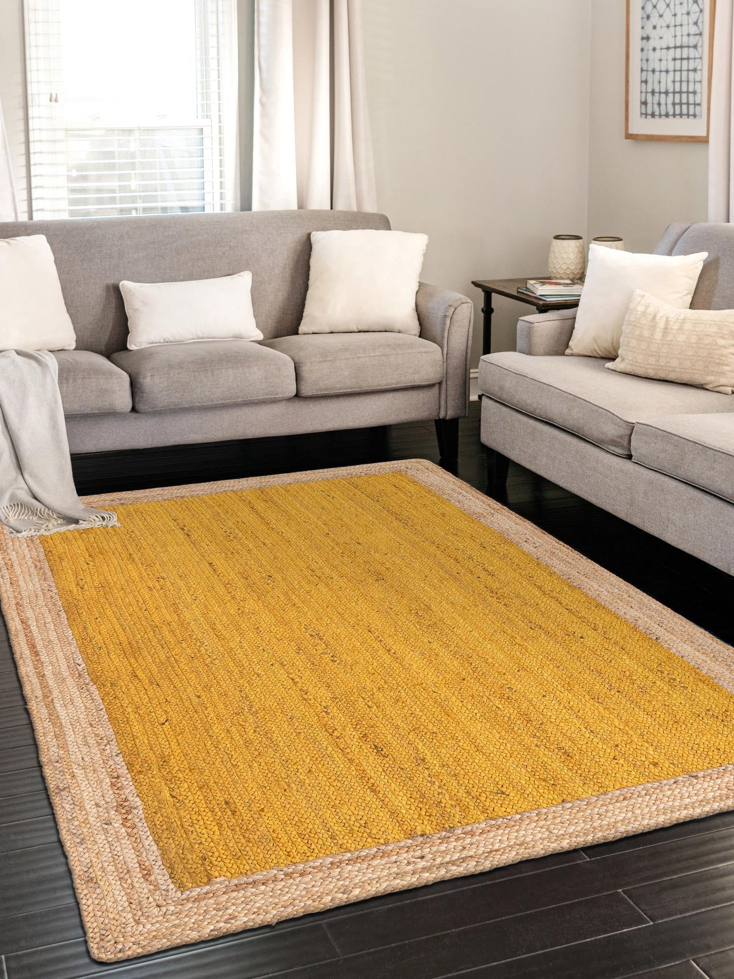 Yellow 4' 1 x 6' 1 Braided Jute Rectangle Area Rug 100% Jute Hand Braided Natural Eco-Friendly Boho Style Carpet for Living Rooms Dining Office Space Dorms for Sale at Rug Engine