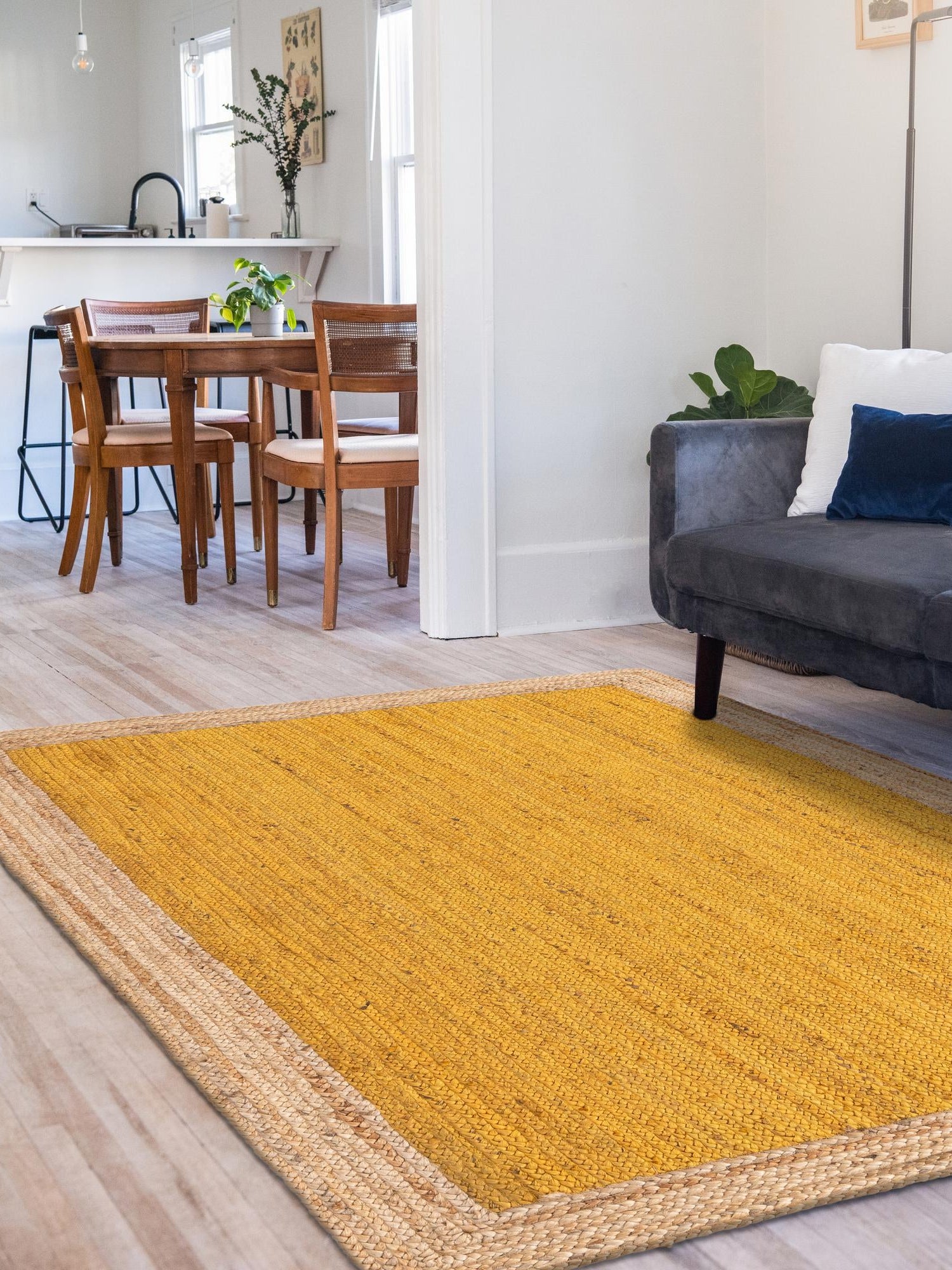 Yellow 5' 1 x 8' Braided Jute Rectangle Area Rug 100% Jute Hand Braided Natural Eco-Friendly Boho Style Carpet for Living Rooms Dining Office Space Dorms for Sale at Rug Engine