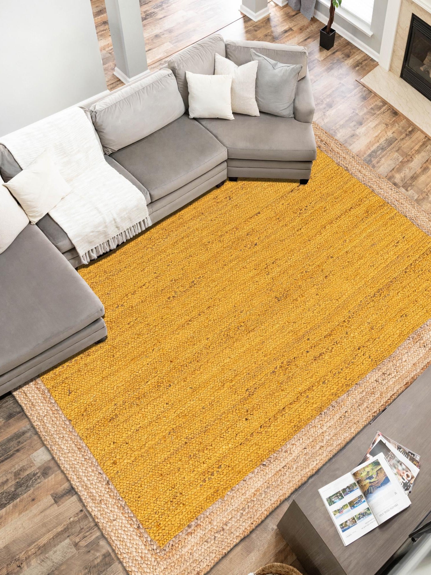 Yellow 4' 1 x 6' 1 Braided Jute Rectangle Area Rug 100% Jute Hand Braided Natural Eco-Friendly Boho Style Carpet for Living Rooms Dining Office Space Dorms for Sale at Rug Engine