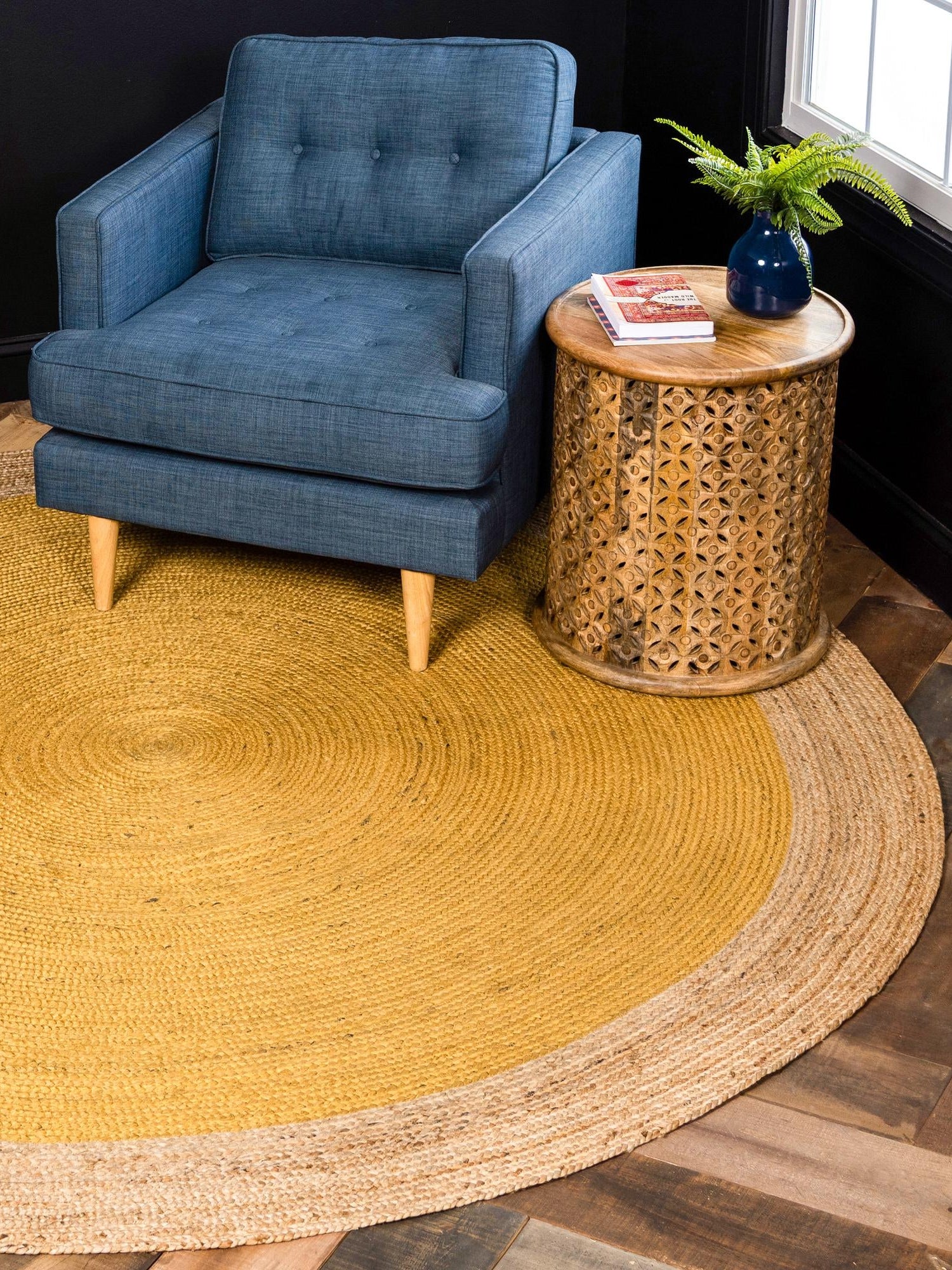 Yellow 3' 3 x 3' 3 Braided Jute Round Area Rug 100% Jute Hand Braided Natural Eco-Friendly Boho Style Carpet for Living Rooms Dining Office Space Dorms for Sale at Rug Engine