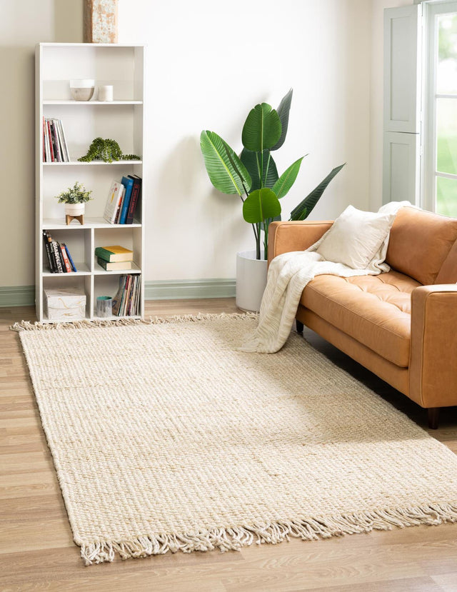 Ivory 4' 1 x 6' 1 Chunky Jute Rectangle Area Rug 100% All Natural Jute Sustainable Eco-Friendly Carpet Mat for Natural Interior Design Homes for Sale at Rug Engine