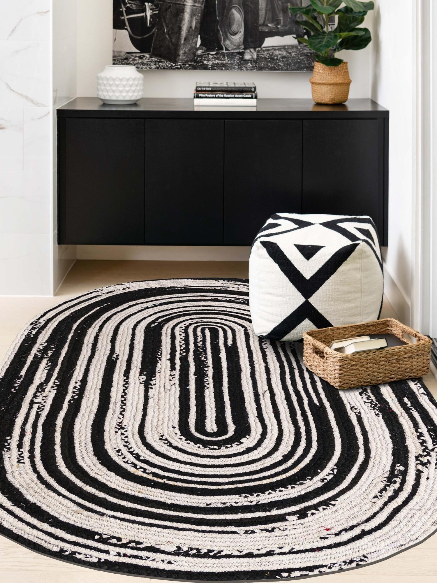 Black and White 8' x 10' Braided Chindi Oval Area Rug 100% Cotton Hand Braided Natural Eco-Friendly Boho Style Modern Carpet for Living Rooms Dining Office Dorm for Sale at Rug Engine