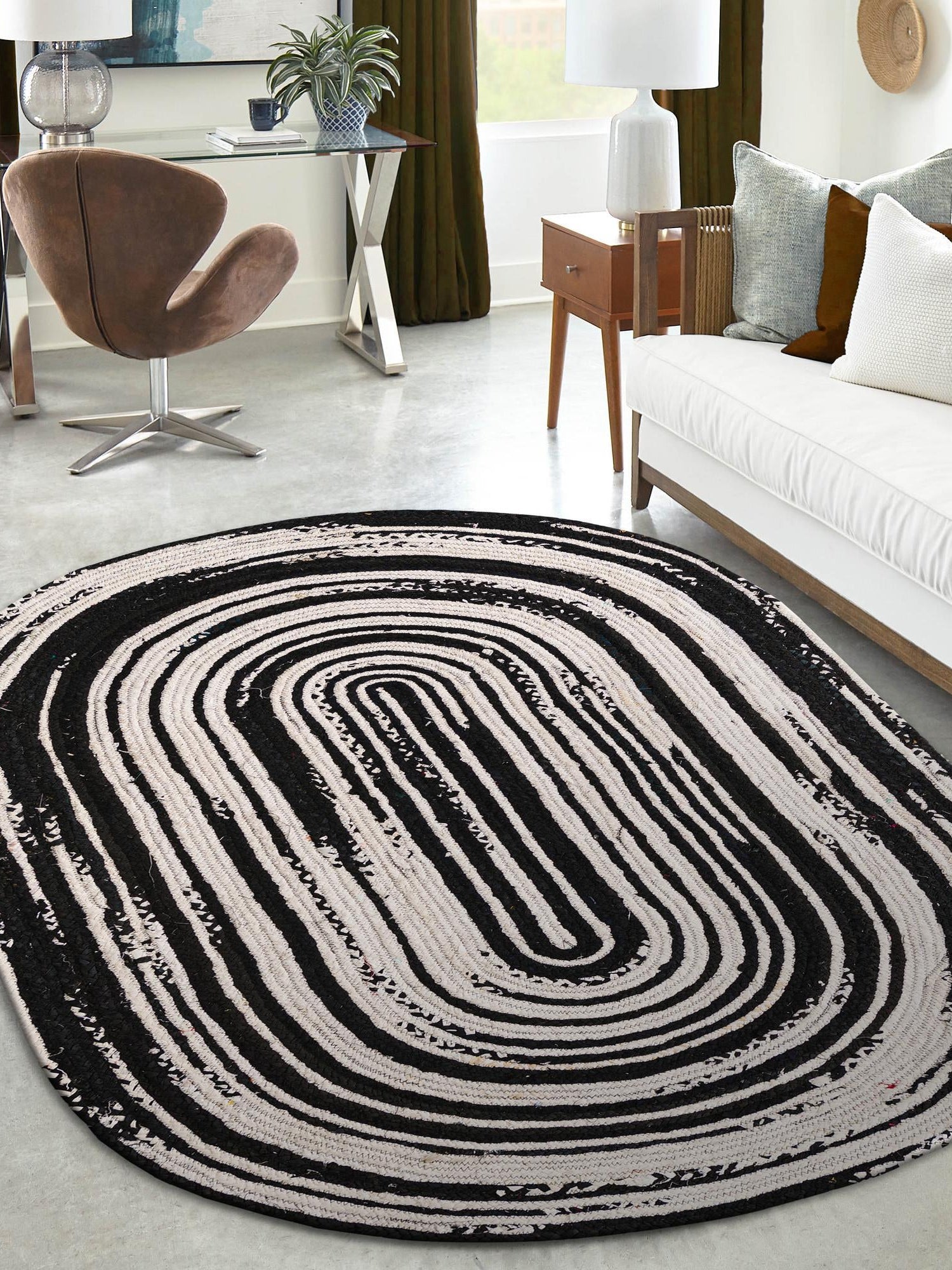 Black and White 8' x 10' Braided Chindi Oval Area Rug 100% Cotton Hand Braided Natural Eco-Friendly Boho Style Modern Carpet for Living Rooms Dining Office Dorm for Sale at Rug Engine