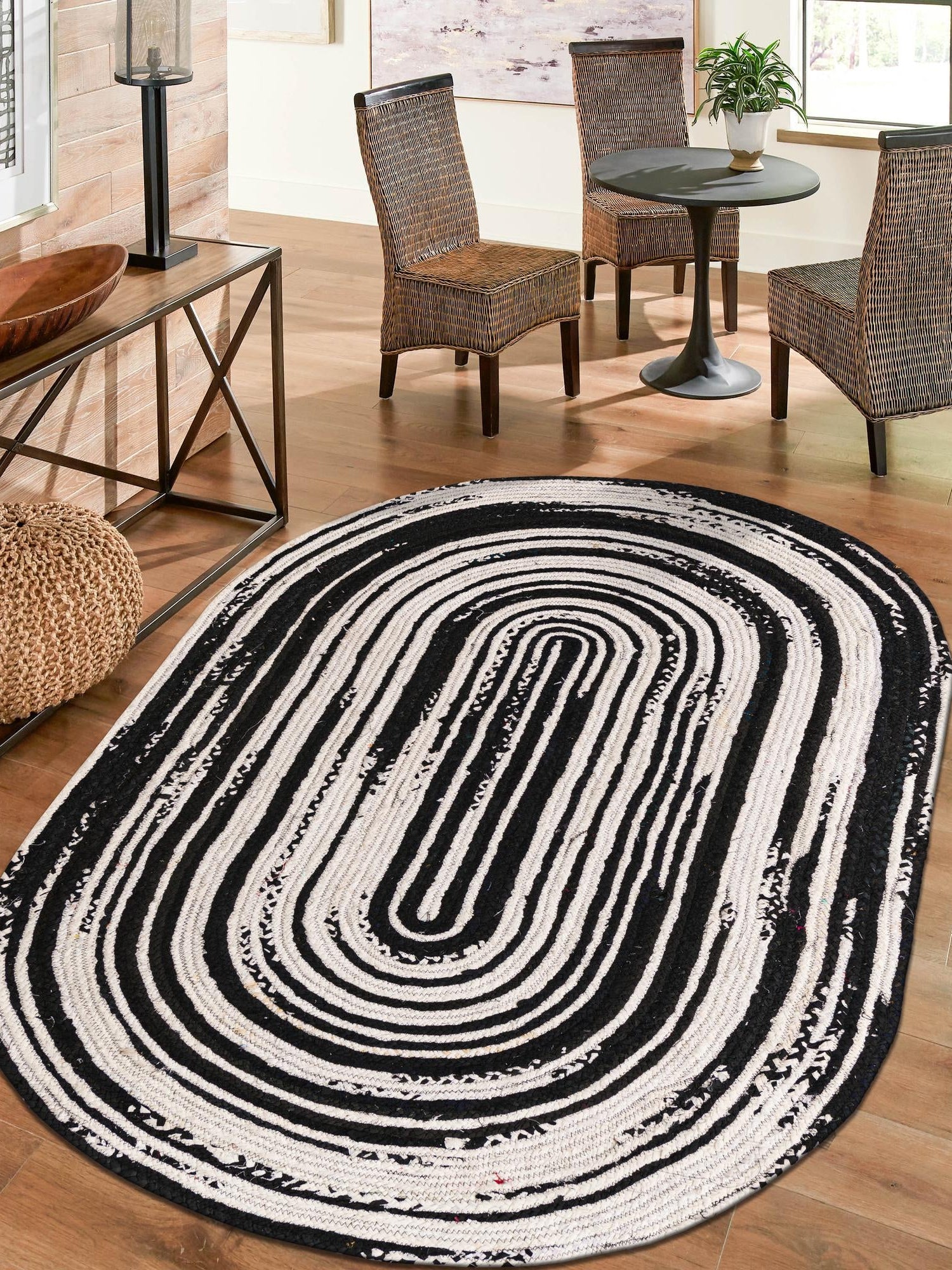 Black and White 8' x 10' Braided Chindi Oval Area Rug 100% Cotton Hand Braided Natural Eco-Friendly Boho Style Modern Carpet for Living Rooms Dining Office Dorm for Sale at Rug Engine