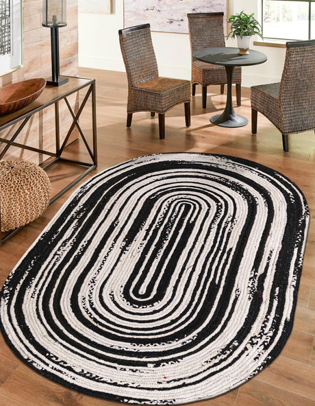 Black and White 8' x 10' Braided Chindi Oval Area Rug 100% Cotton Hand Braided Natural Eco-Friendly Boho Style Modern Carpet for Living Rooms Dining Office Dorm for Sale at Rug Engine