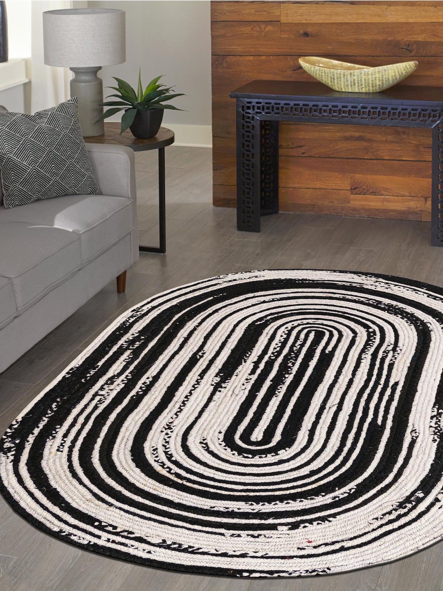 Black and White 5' 1 x 8' Braided Chindi Oval Area Rug 100% Cotton Hand Braided Natural Eco-Friendly Boho Style Modern Carpet for Living Rooms Dining Office Dorm for Sale at Rug Engine