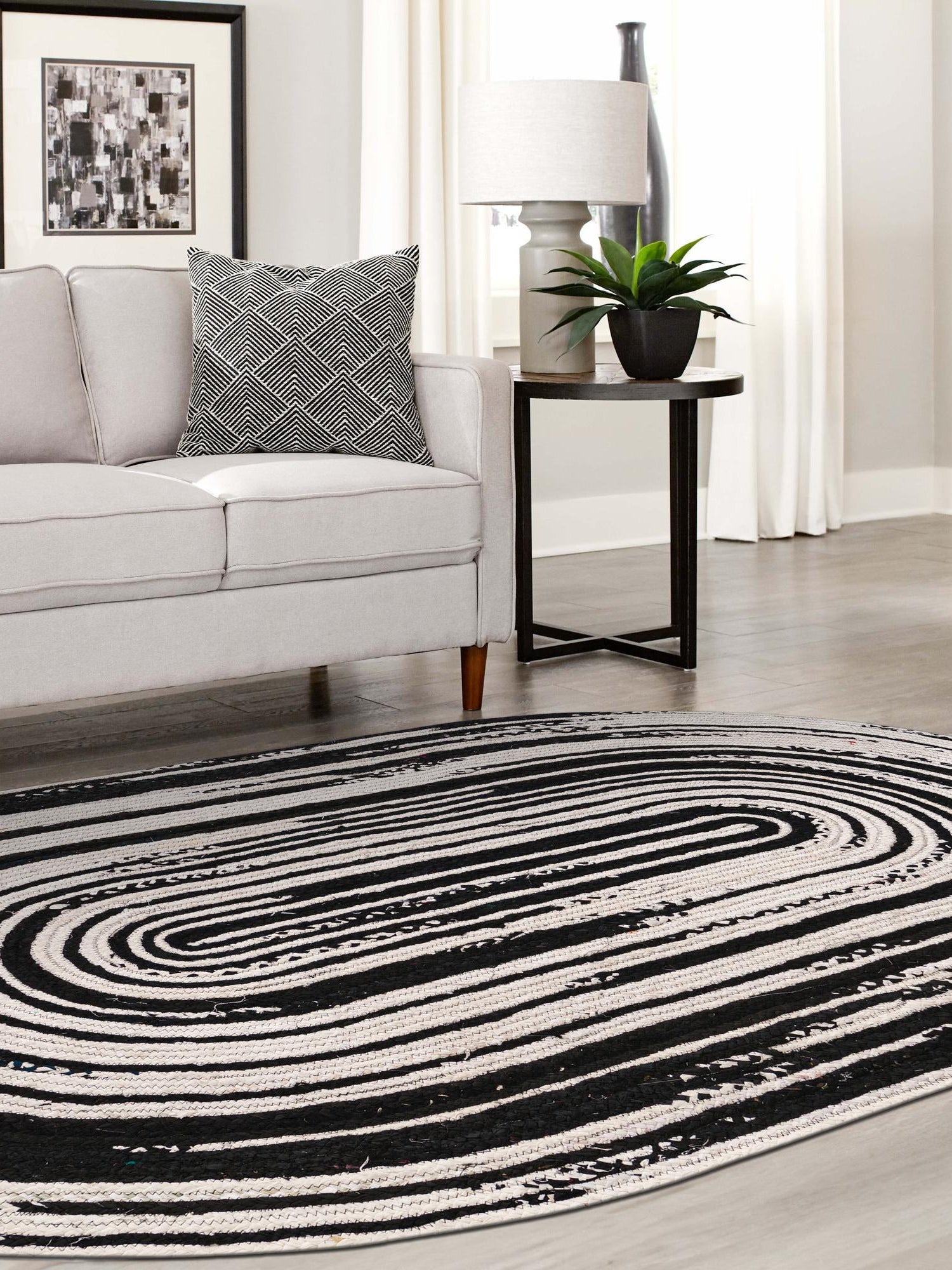 Black and White 5' 1 x 8' Braided Chindi Oval Area Rug 100% Cotton Hand Braided Natural Eco-Friendly Boho Style Modern Carpet for Living Rooms Dining Office Dorm for Sale at Rug Engine