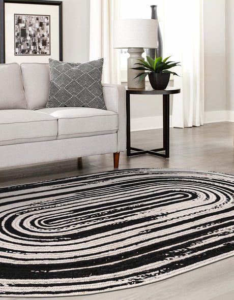 Black and White 5' 1 x 8' Braided Chindi Oval Area Rug 100% Cotton Hand Braided Natural Eco-Friendly Boho Style Modern Carpet for Living Rooms Dining Office Dorm for Sale at Rug Engine