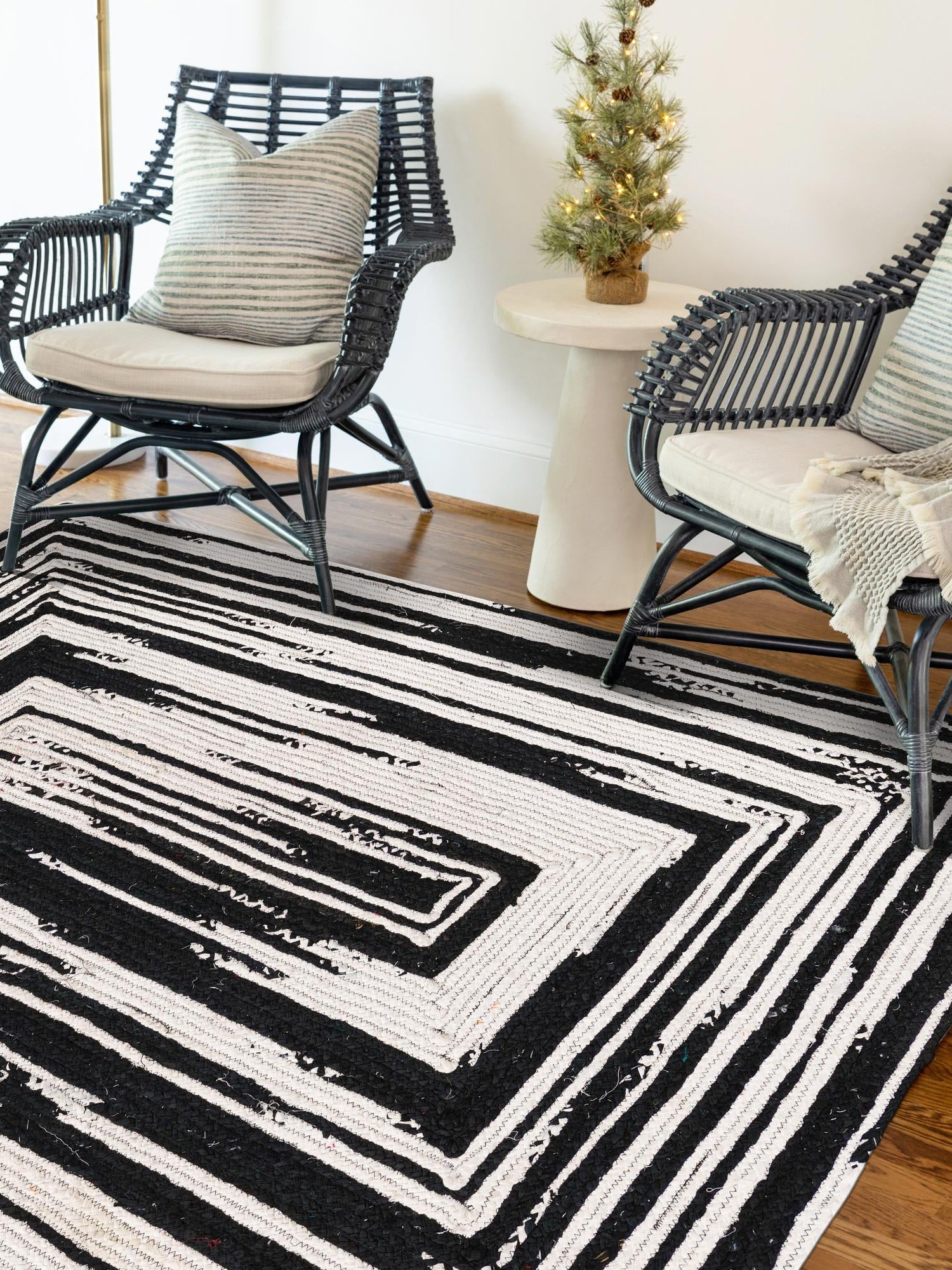 Black and White 2' x 3' 1 Braided Chindi Rectangle Area Rug 100% Cotton Hand Braided Natural Eco-Friendly Boho Style Modern Carpet for Living Rooms Dining Office Dorm for Sale at Rug Engine