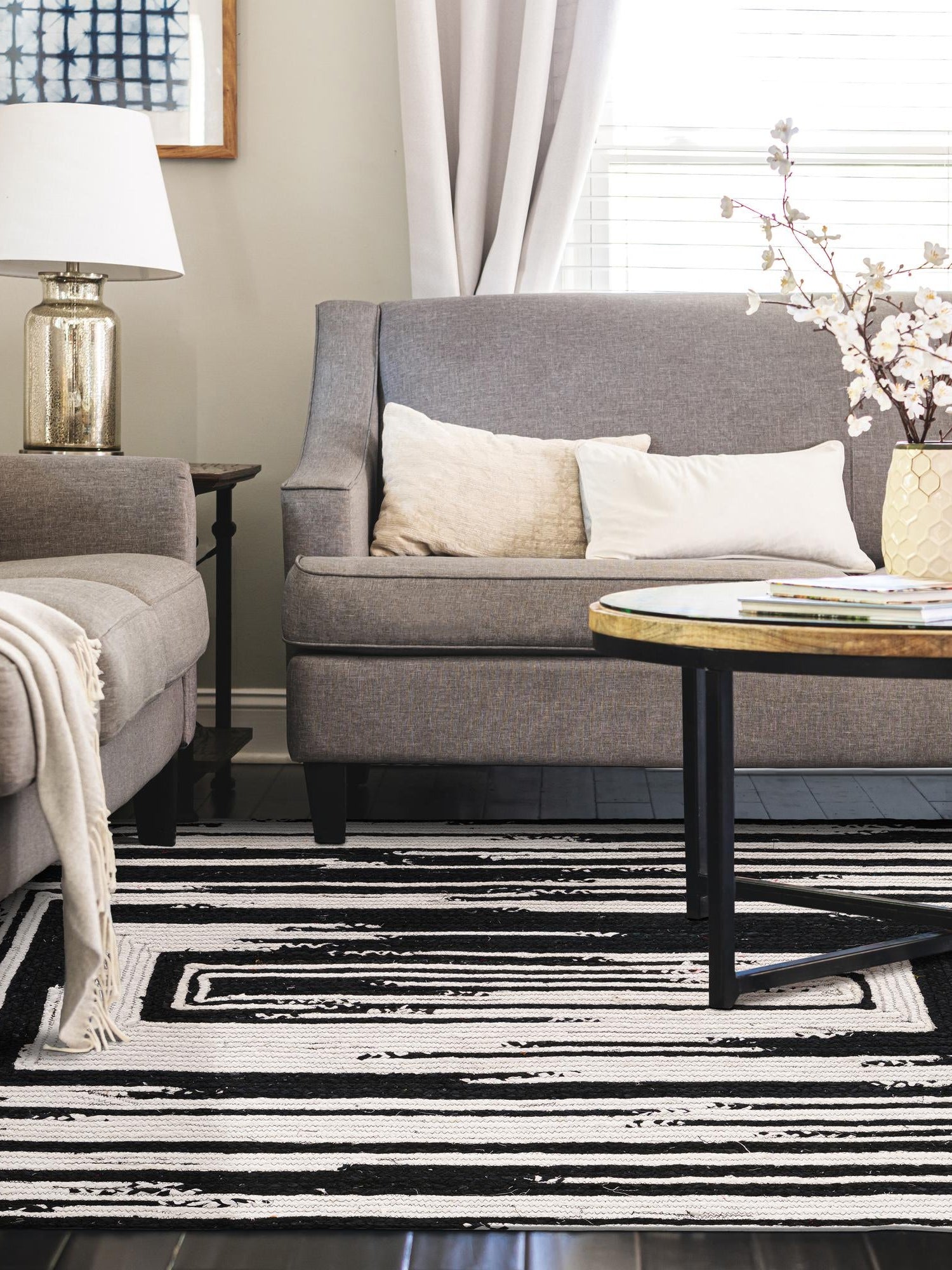 Black and White 4' 1 x 6' 1 Braided Chindi Rectangle Area Rug 100% Cotton Hand Braided Natural Eco-Friendly Boho Style Modern Carpet for Living Rooms Dining Office Dorm for Sale at Rug Engine
