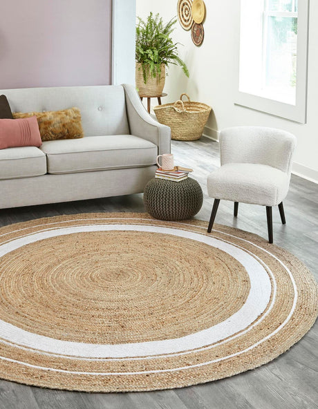 Natural and White 8' x 8' Braided Jute Round Rug