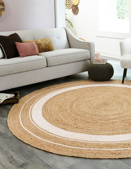 Natural and White 3' 3 x 3' 3 Braided Jute Round Area Rug 100% Jute Hand Braided Natural Eco-Friendly Boho Style Carpet for Living Rooms Dining Office Space Dorms for Sale at Rug Engine