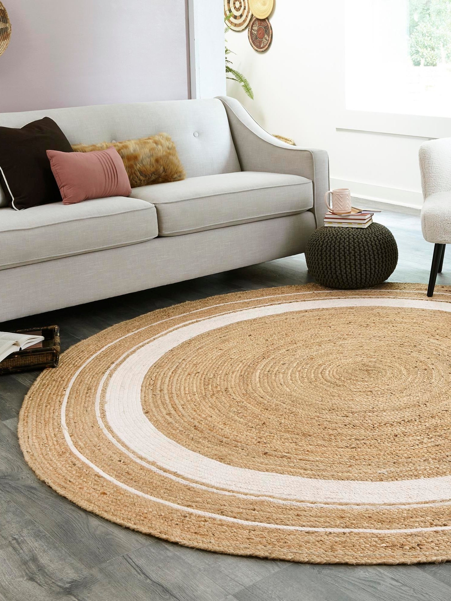Natural and White 8' x 8' Braided Jute Round Area Rug 100% Jute Hand Braided Natural Eco-Friendly Boho Style Carpet for Living Rooms Dining Office Space Dorms for Sale at Rug Engine