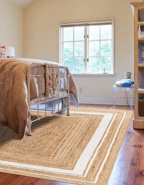 Natural and White 9' x 12' 2 Braided Jute Rectangle Area Rug 100% Jute Hand Braided Natural Eco-Friendly Boho Style Carpet for Living Rooms Dining Office Space Dorms for Sale at Rug Engine