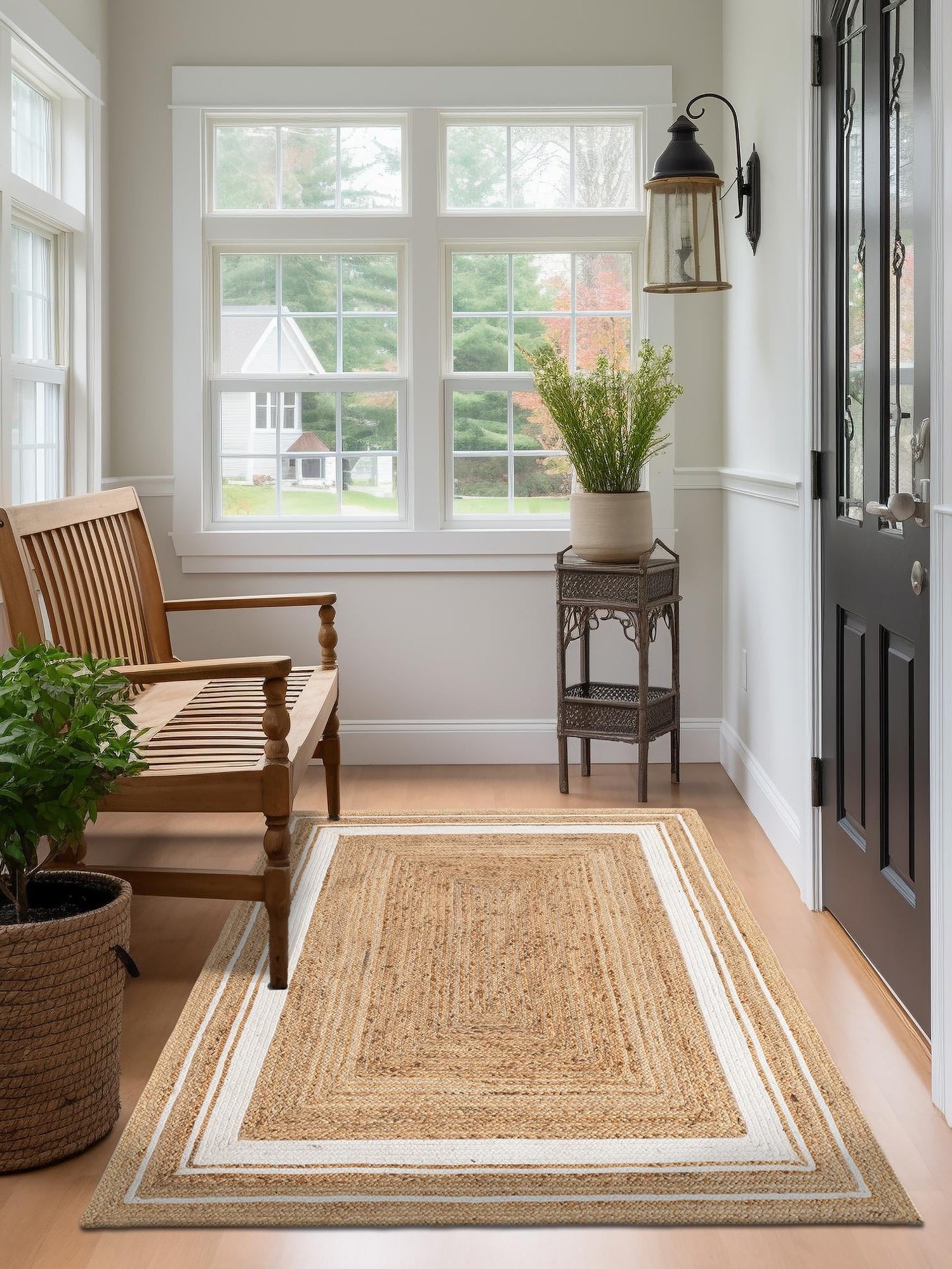 Natural and White 4' 1 x 6' 1 Braided Jute Rectangle Area Rug 100% Jute Hand Braided Natural Eco-Friendly Boho Style Carpet for Living Rooms Dining Office Space Dorms for Sale at Rug Engine