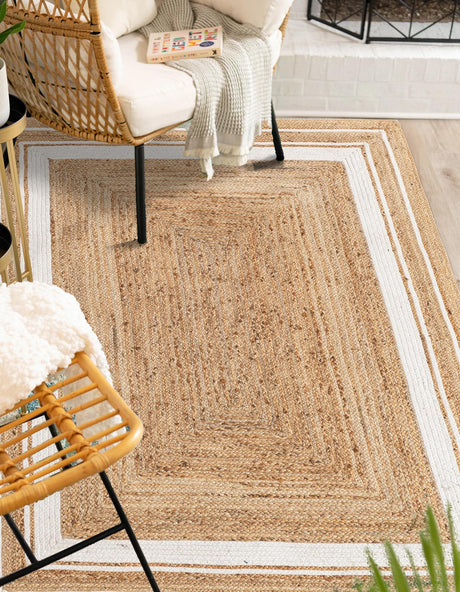 Natural and White 6' 1 x 9' Braided Jute Rectangle Area Rug 100% Jute Hand Braided Natural Eco-Friendly Boho Style Carpet for Living Rooms Dining Office Space Dorms for Sale at Rug Engine