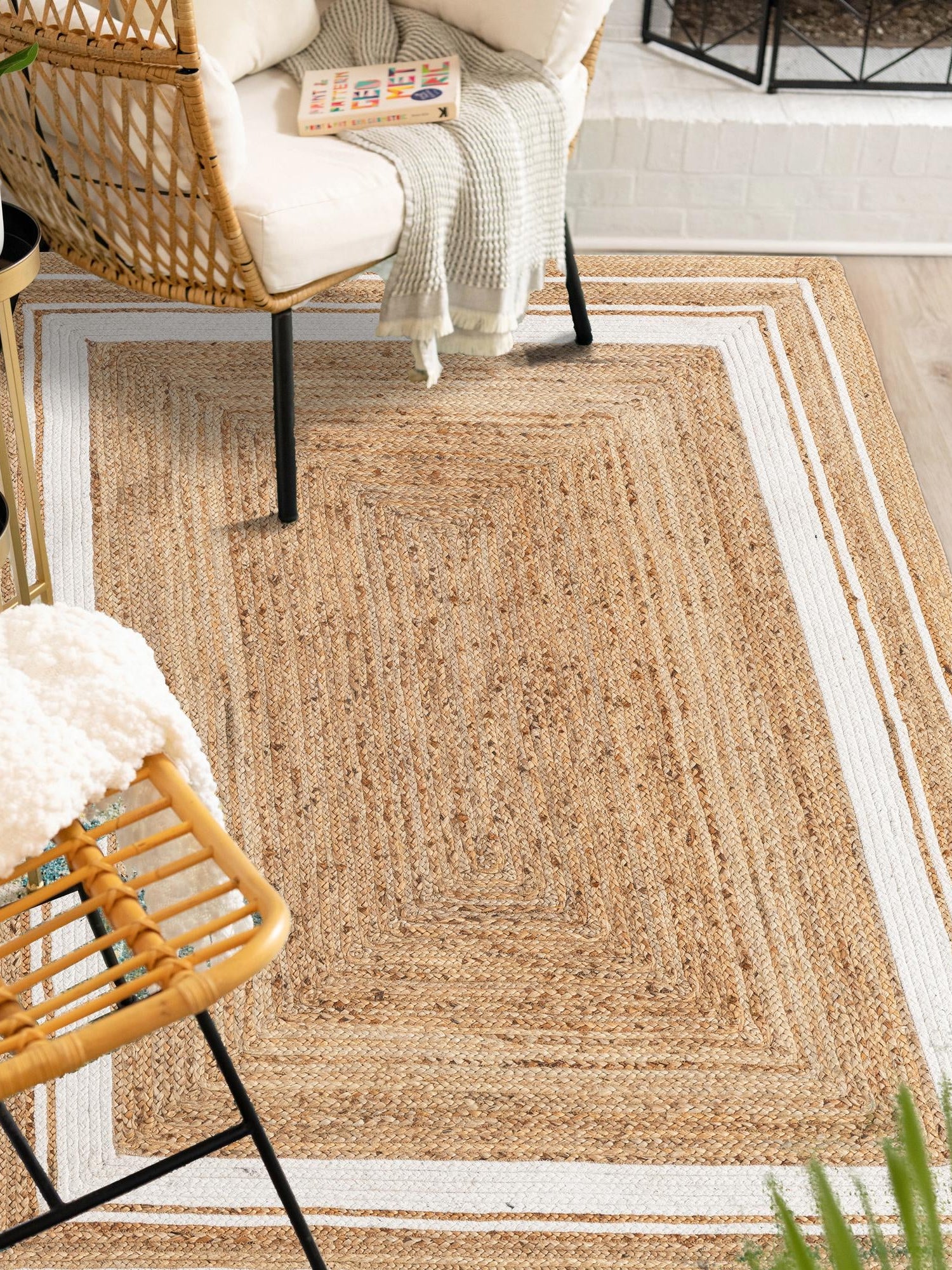 Natural and White 9' x 12' 2 Braided Jute Rectangle Area Rug 100% Jute Hand Braided Natural Eco-Friendly Boho Style Carpet for Living Rooms Dining Office Space Dorms for Sale at Rug Engine