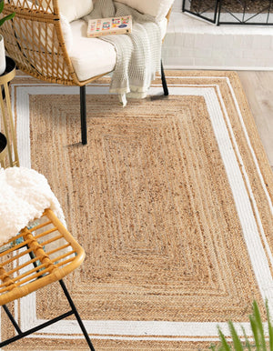 Natural and White 2' x 3' 1 Braided Jute Rectangle Area Rug 100% Jute Hand Braided Natural Eco-Friendly Boho Style Carpet for Living Rooms Dining Office Space Dorms for Sale at Rug Engine