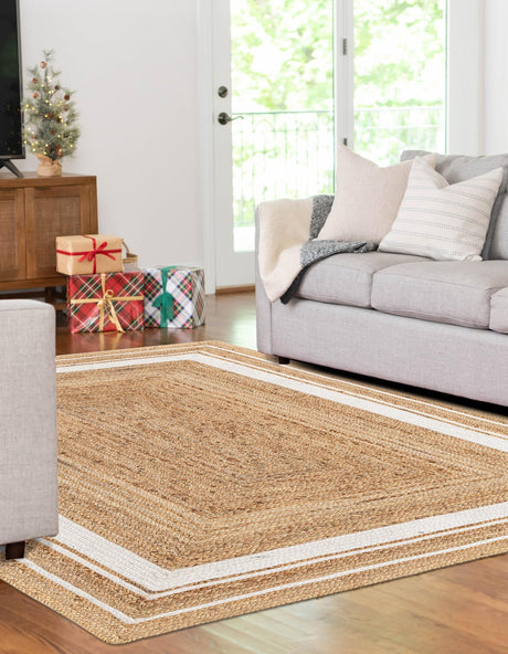Natural and White 8' x 10' Braided Jute Rectangle Area Rug 100% Jute Hand Braided Natural Eco-Friendly Boho Style Carpet for Living Rooms Dining Office Space Dorms for Sale at Rug Engine