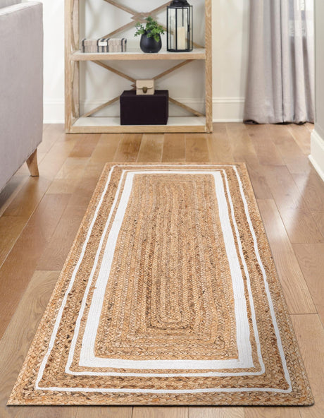 Natural and White 2' 6 x 6' 1 Braided Jute Runner Area Rug 100% Jute Hand Braided Natural Eco-Friendly Boho Style Carpet for Living Rooms Dining Office Space Dorms for Sale at Rug Engine