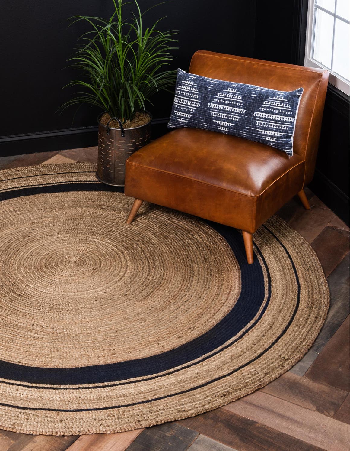 Natural and Navy Blue 3' 3 x 3' 3 Braided Jute Round Area Rug 100% Jute Hand Braided Natural Eco-Friendly Boho Style Carpet for Living Rooms Dining Office Space Dorms for Sale at Rug Engine