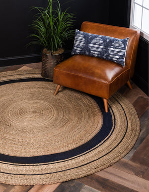 Natural and Navy Blue 3' 3 x 3' 3 Braided Jute Round Rug