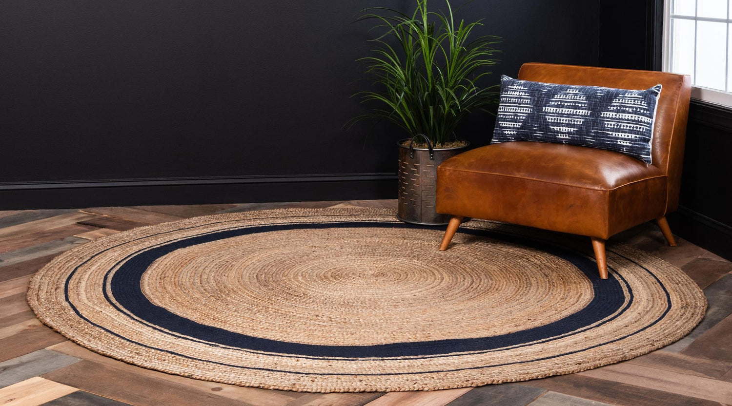 Natural and Navy Blue 3' 3 x 3' 3 Braided Jute Round Area Rug 100% Jute Hand Braided Natural Eco-Friendly Boho Style Carpet for Living Rooms Dining Office Space Dorms for Sale at Rug Engine