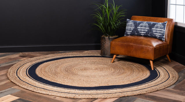 Natural and Navy Blue 3' 3 x 3' 3 Braided Jute Round Rug